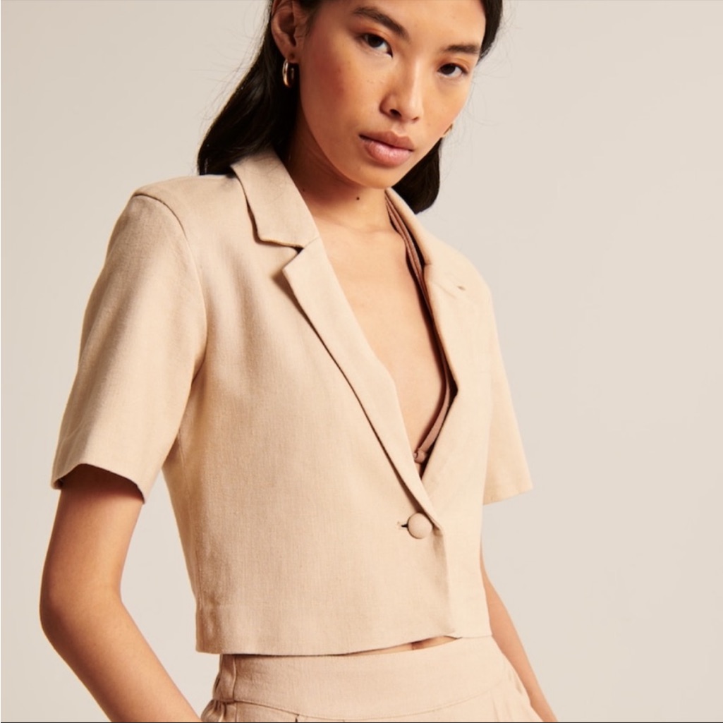 Abercrombie & Fitch Tan Linen Short Sleeve Cropped Blazer Size Xs